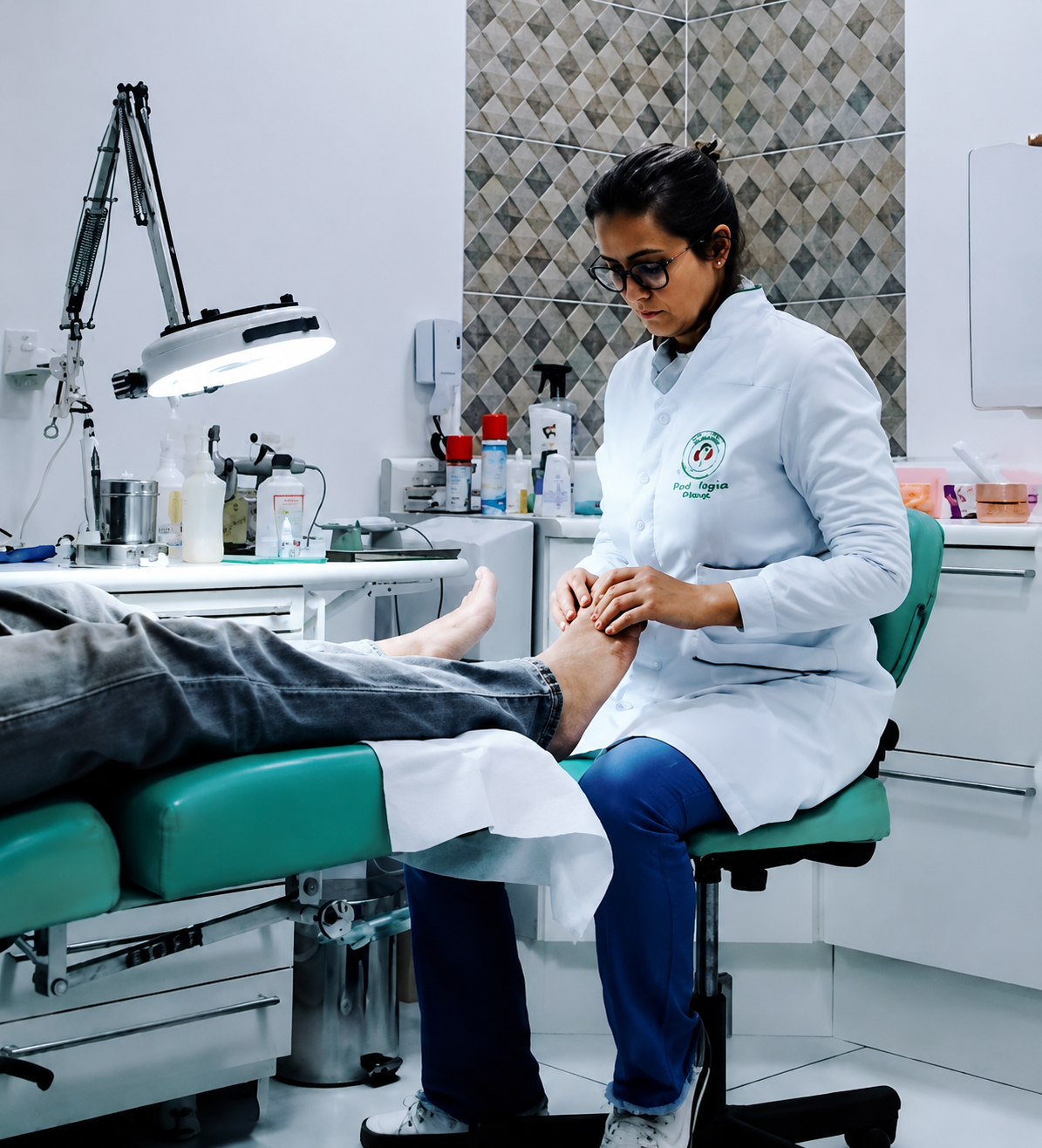Denise Mazzolin realizando atendimento de podologia em consultório clínico em Jaú